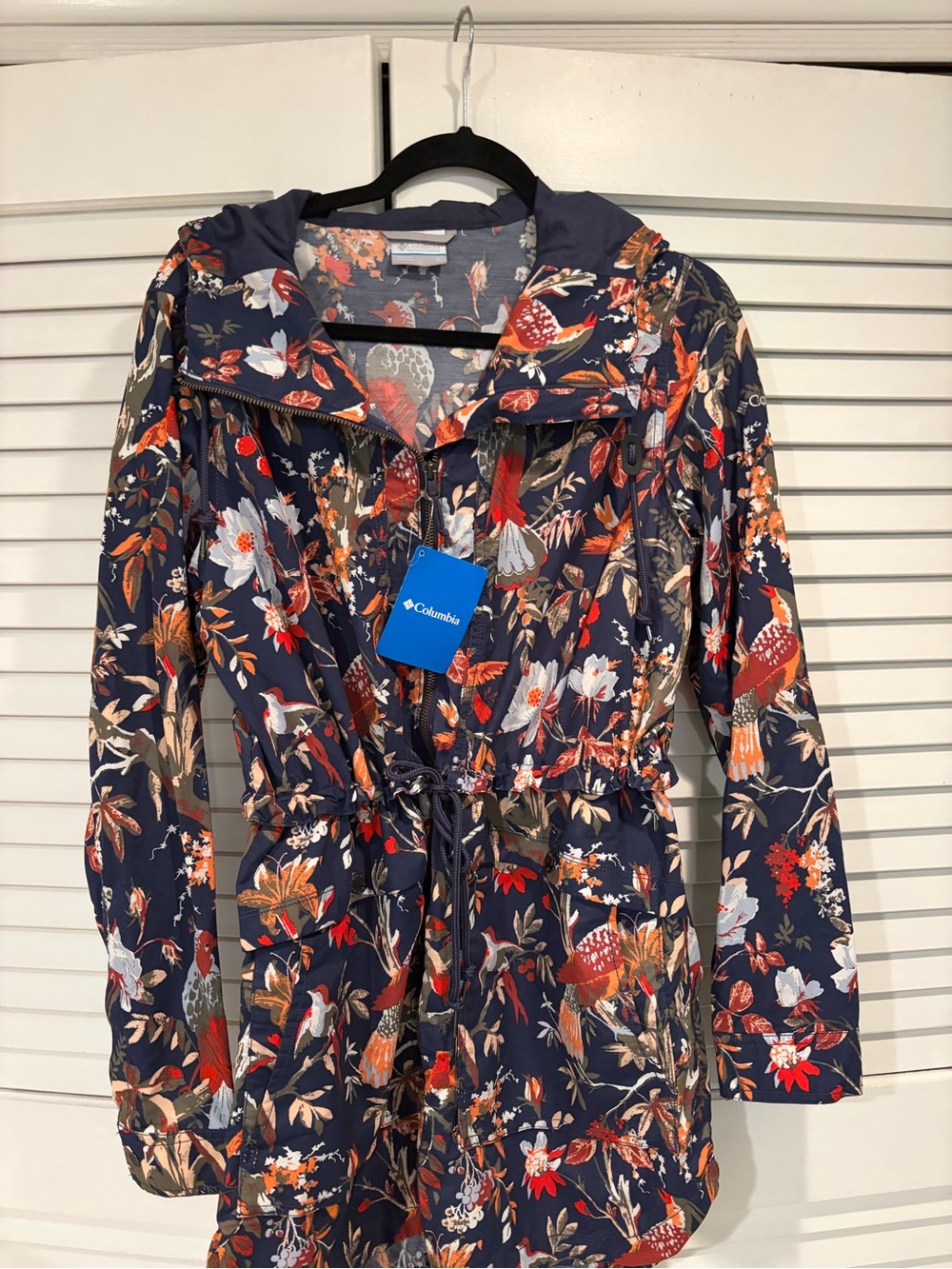 Columbia Navy Floral Bird Print Hooded Anorak Jacket Large NWT